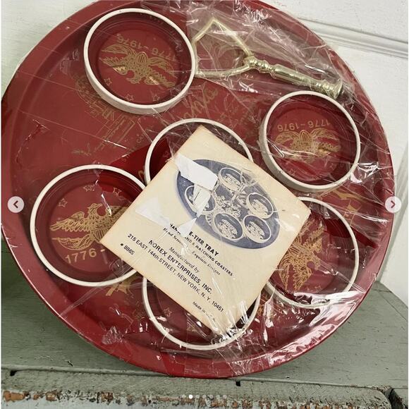 Vintage Tin Tray Coaster Set Bicentennial Pennsylvania Eagle New Old Stock - Picture 2 of 7